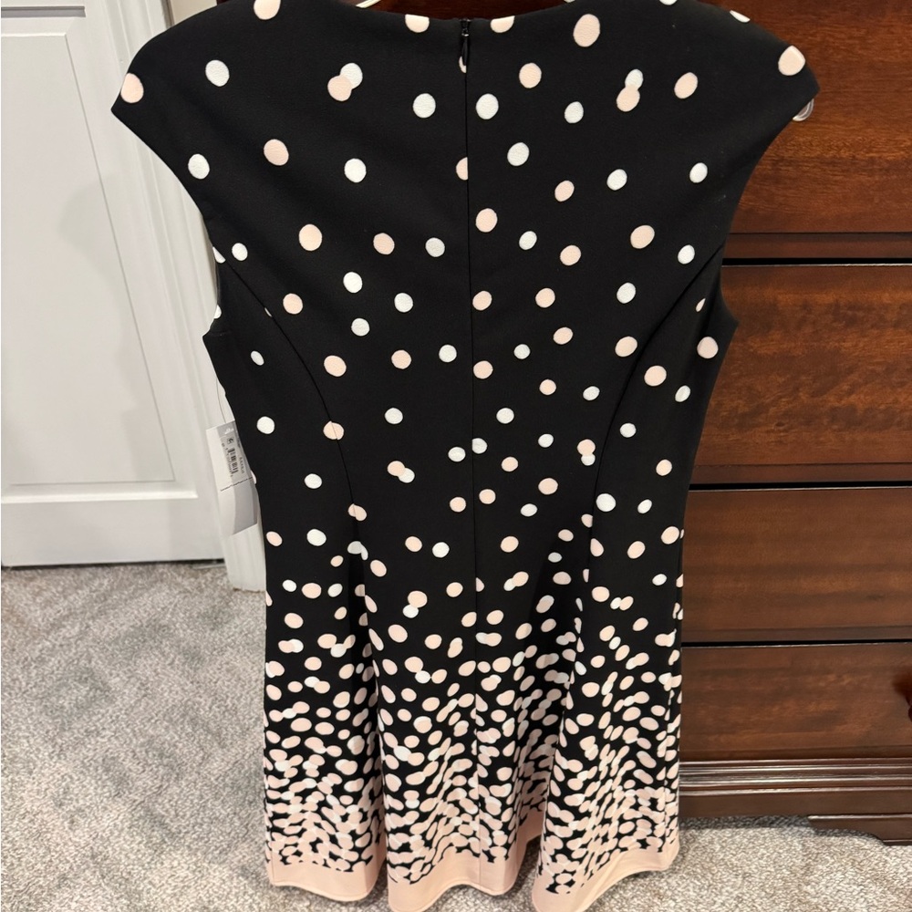 Tags on! Fit and flare dress. Black w/ pink polka dots. 4 petite